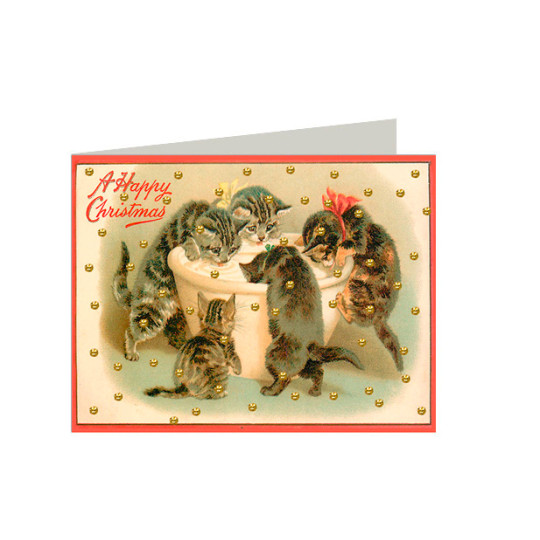 Glittered Petite Cats at a Cream Bowl Christmas Card ~ England